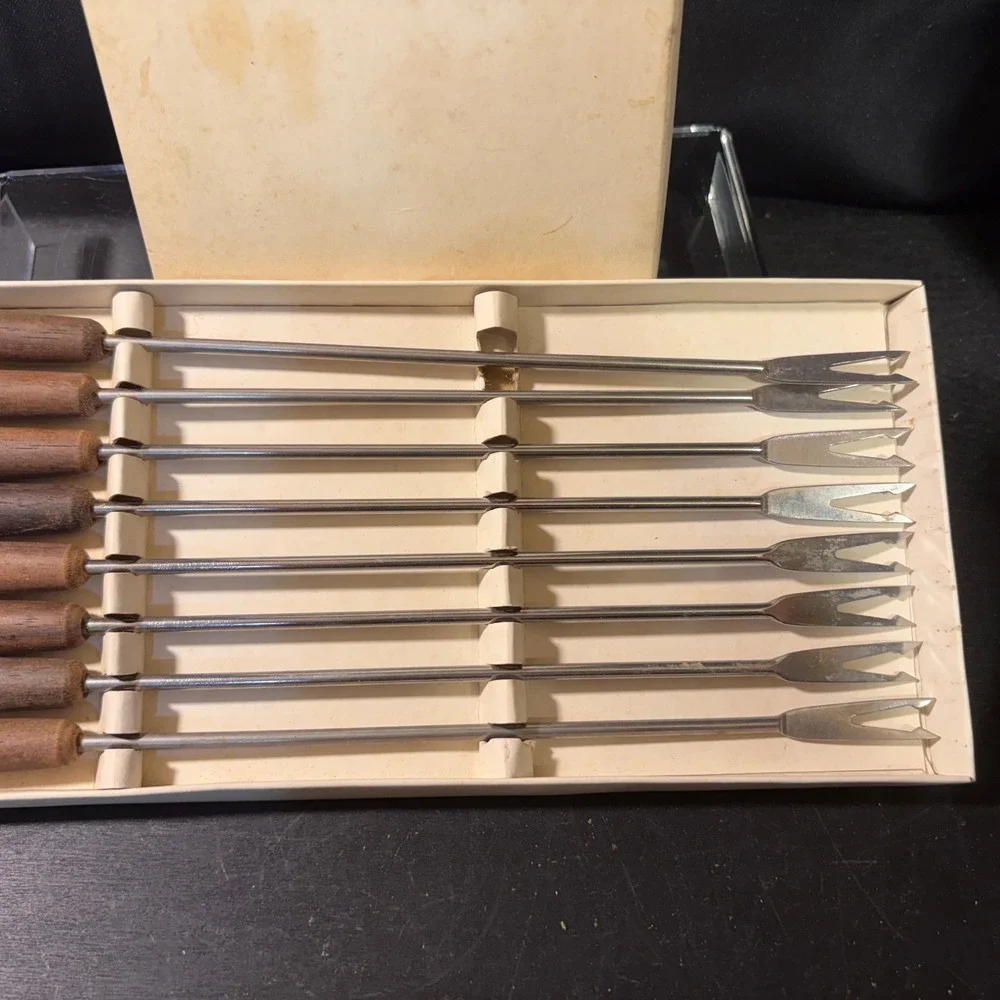 Vintage Set of 8 Stainless Steel Fondue Forks Wood Handles Color Coded Tips